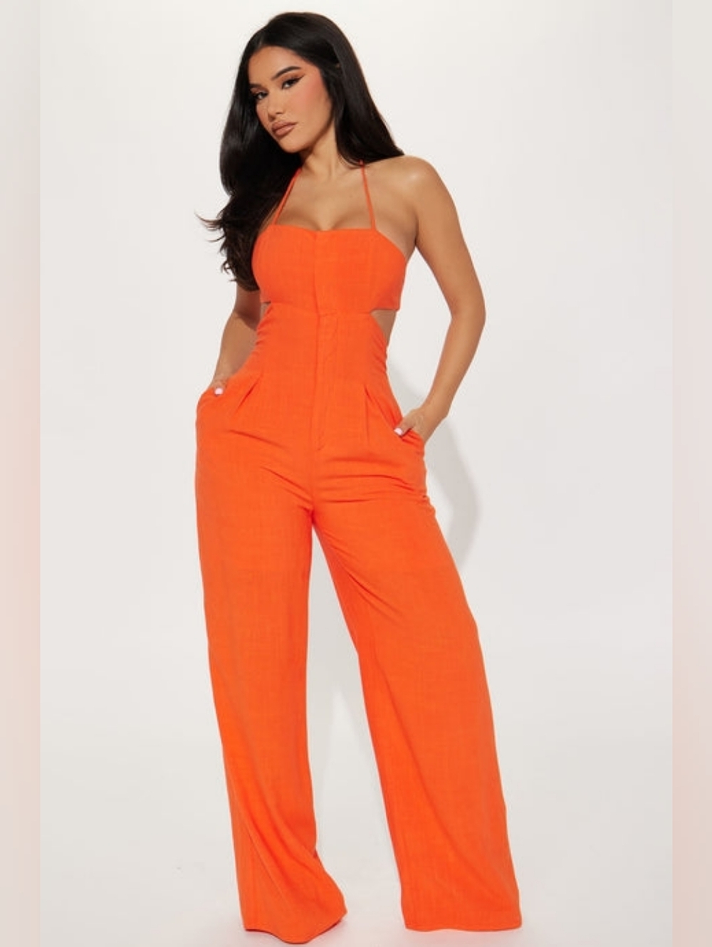 Fashion Nova Size M Adaline Bright Orange Halter Wide-Leg Jumpsuit